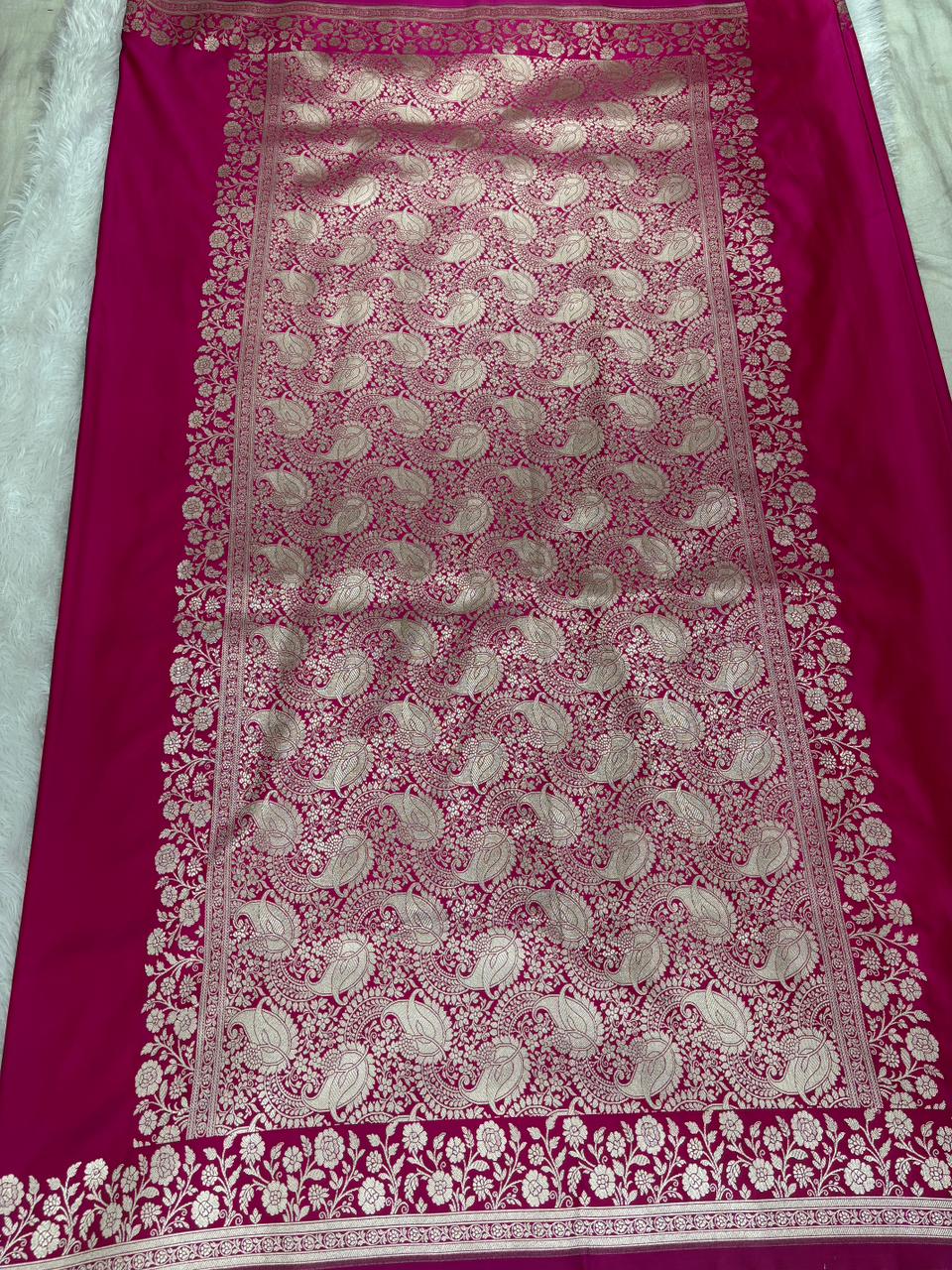Royal Fuchsia Pink Mashru Katan Silk Powerloom Saree with Antique Zari Floral Border & Paisley Pallu