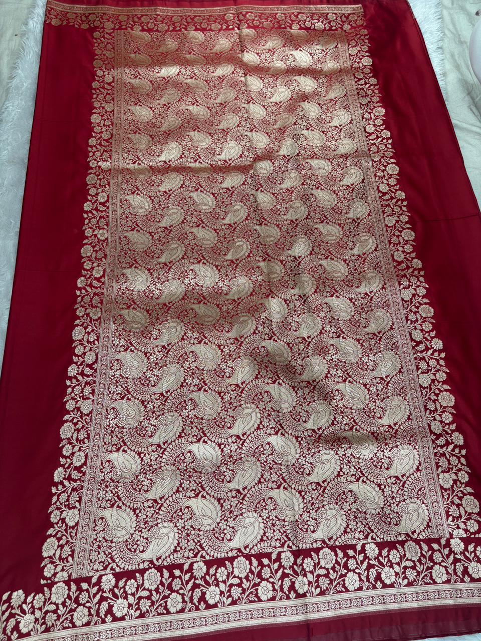 Classic Crimson Red Mashru Katan Silk Powerloom Saree with Antique Zari Floral Border & Paisley Pallu