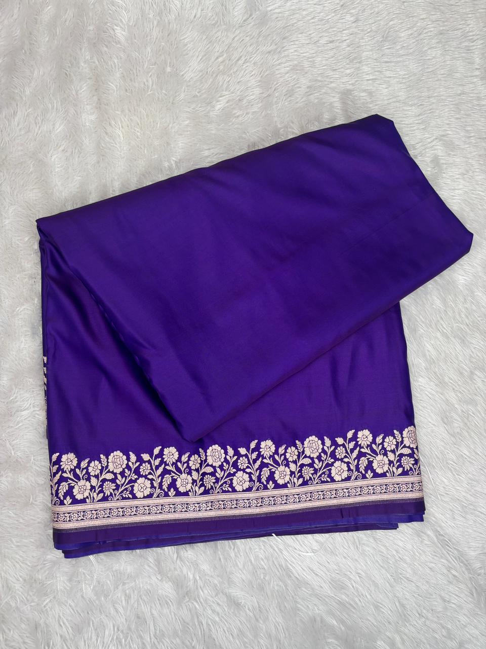 Royal Violet Mashru Katan Silk Powerloom Saree with Antique Zari Floral Border & Paisley Pallu