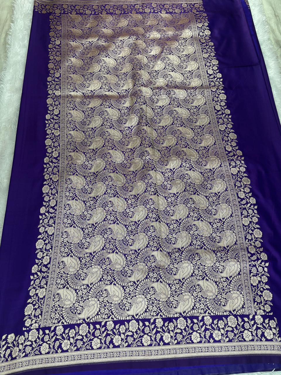 Royal Violet Mashru Katan Silk Powerloom Saree with Antique Zari Floral Border & Paisley Pallu