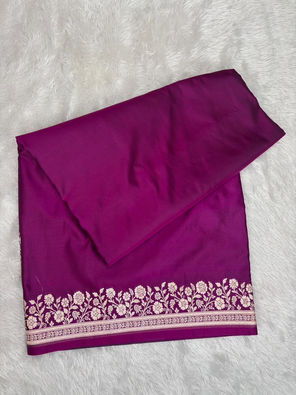 Royal Rani Magenta Mashru Katan Silk Powerloom Saree with Antique Zari Floral Border & Paisley Pallu