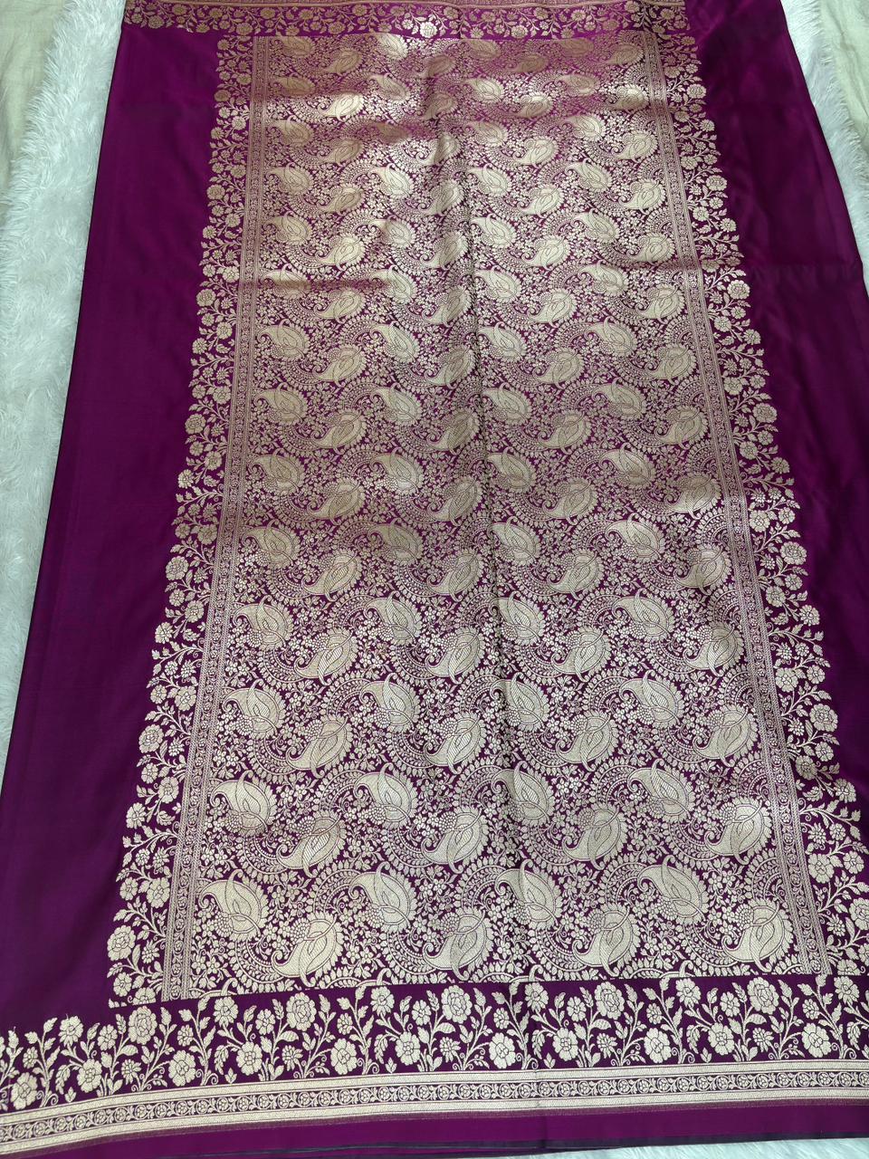Royal Rani Magenta Mashru Katan Silk Powerloom Saree with Antique Zari Floral Border & Paisley Pallu
