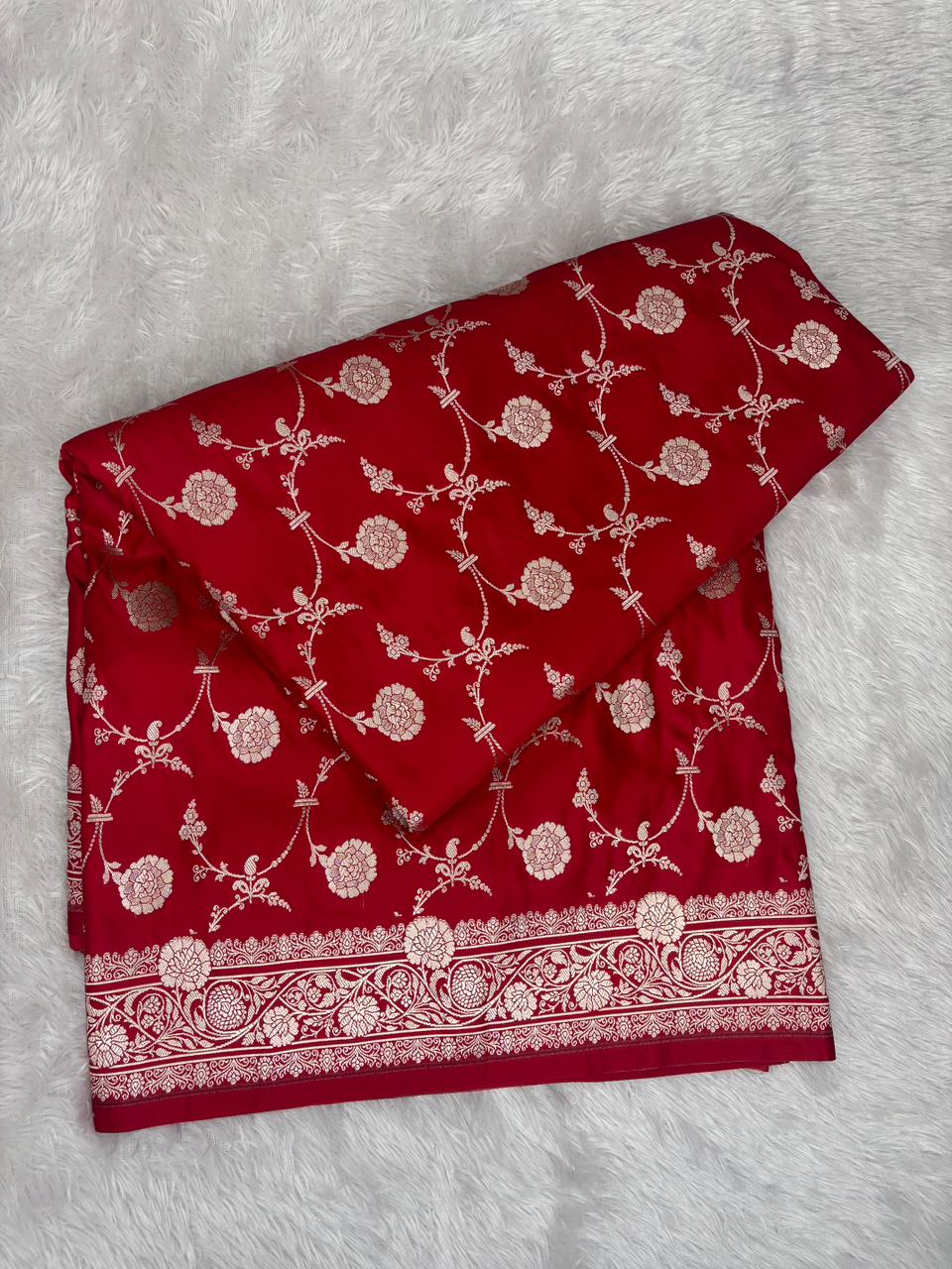 Heritage Crimson Red Mashru Katan Silk Powerloom Saree with All-Over Floral Butti & Zari Striped Pallu