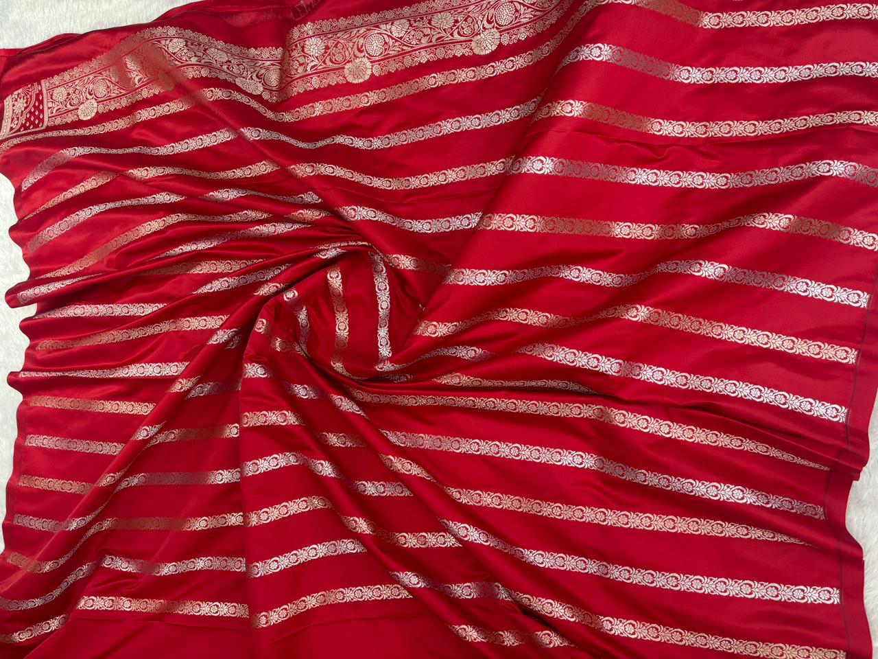 Heritage Crimson Red Mashru Katan Silk Powerloom Saree with All-Over Floral Butti & Zari Striped Pallu