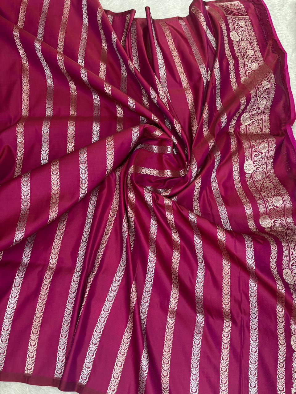 Royal Wine Plum Mashru Katan Silk Powerloom Saree with All-Over Floral Jaal & Grand Zari Pallu