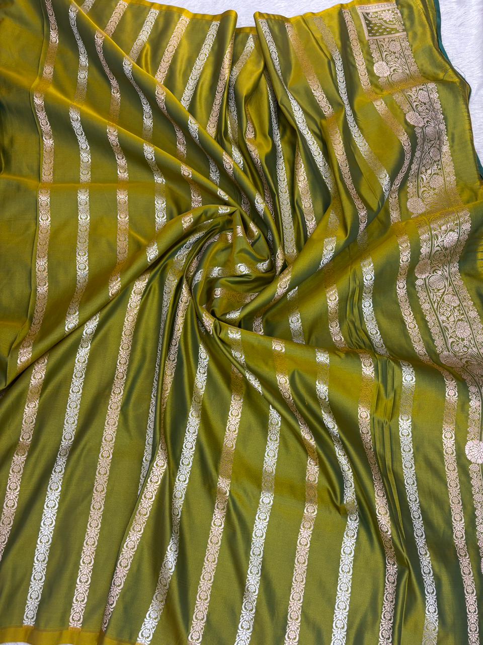 Classic Olive Green Mashru Katan Silk Powerloom Saree with All-Over Floral Jaal & Grand Zari Pallu