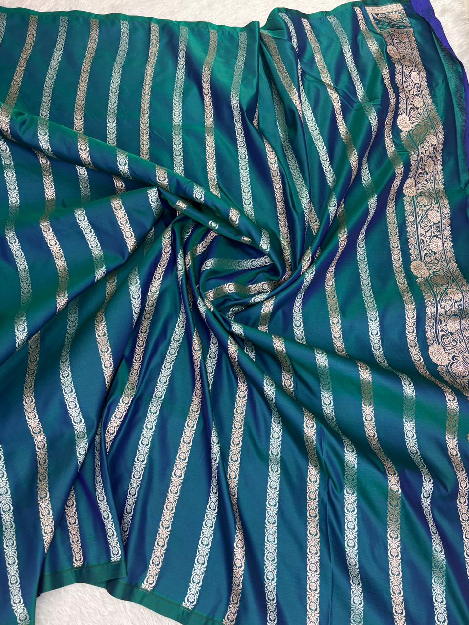 Royal Teal Mashru Katan Silk Powerloom Saree with Floral Zari Jaal & Grand Banarasi Pallu