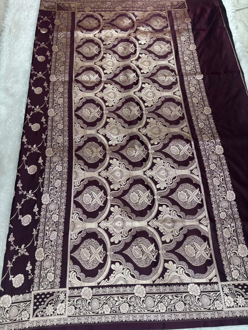 Royal Wine Mashru Katan Silk Powerloom Saree with Floral Zari Jaal & Grand Banarasi Pallu