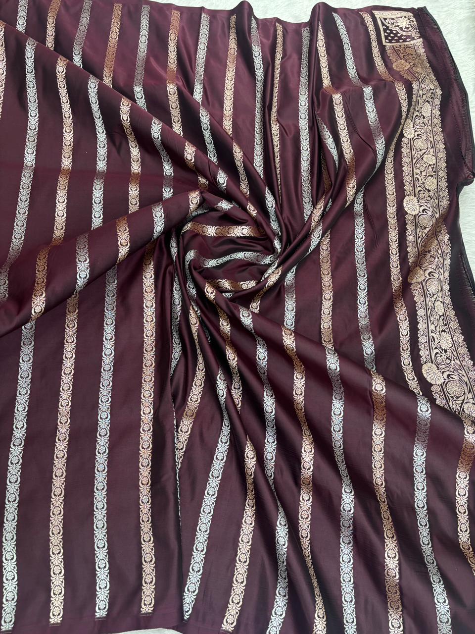 Royal Wine Mashru Katan Silk Powerloom Saree with Floral Zari Jaal & Grand Banarasi Pallu