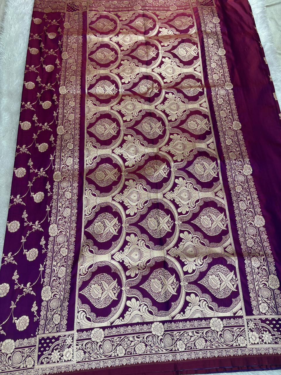 Royal Purple Mashru Katan Silk Powerloom Saree with Floral Zari Jaal & Grand Banarasi Pallu