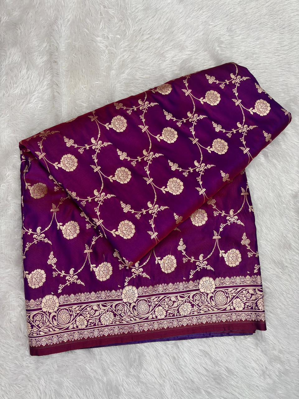 Royal Purple Mashru Katan Silk Powerloom Saree with Floral Zari Jaal & Grand Banarasi Pallu
