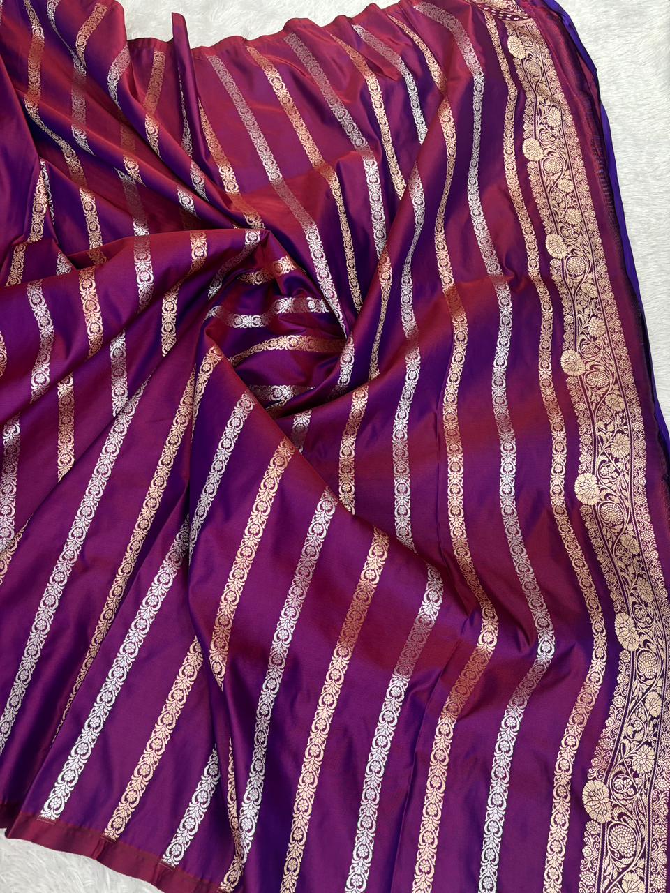 Royal Purple Mashru Katan Silk Powerloom Saree with Floral Zari Jaal & Grand Banarasi Pallu