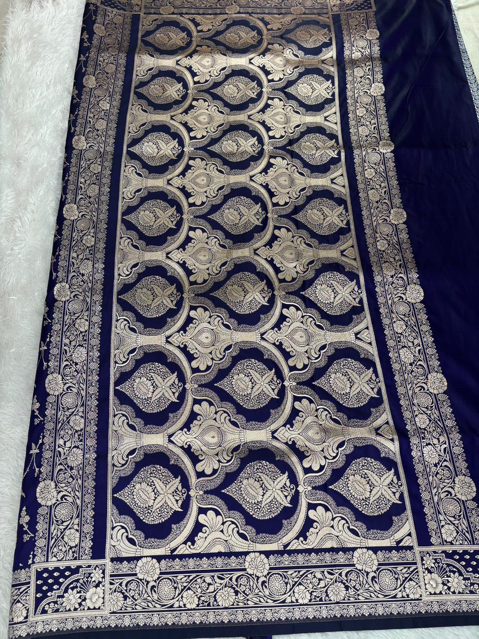 Royal Blue Mashru Katan Silk Powerloom Saree with Floral Zari Jaal & Grand Banarasi Pallu