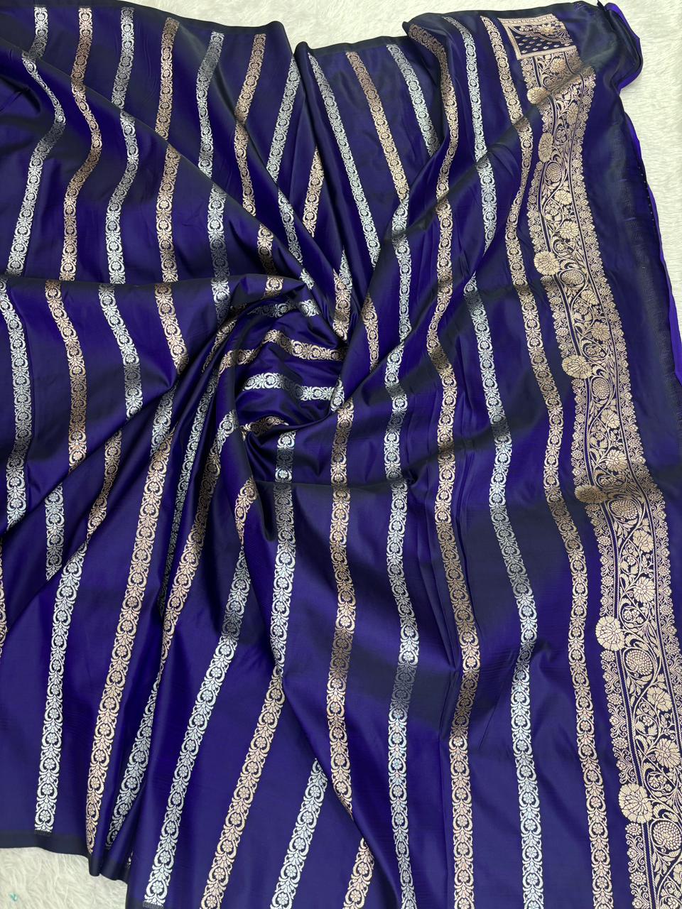 Royal Blue Mashru Katan Silk Powerloom Saree with Floral Zari Jaal & Grand Banarasi Pallu