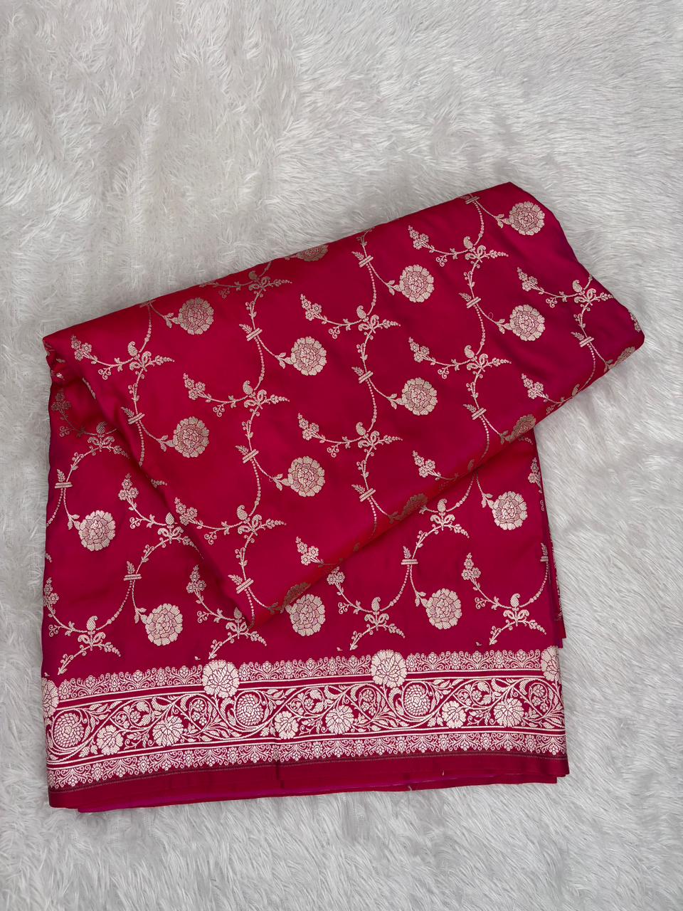Rani Red Mashru Katan Silk Powerloom Saree with Floral Zari Jaal & Grand Banarasi Pallu