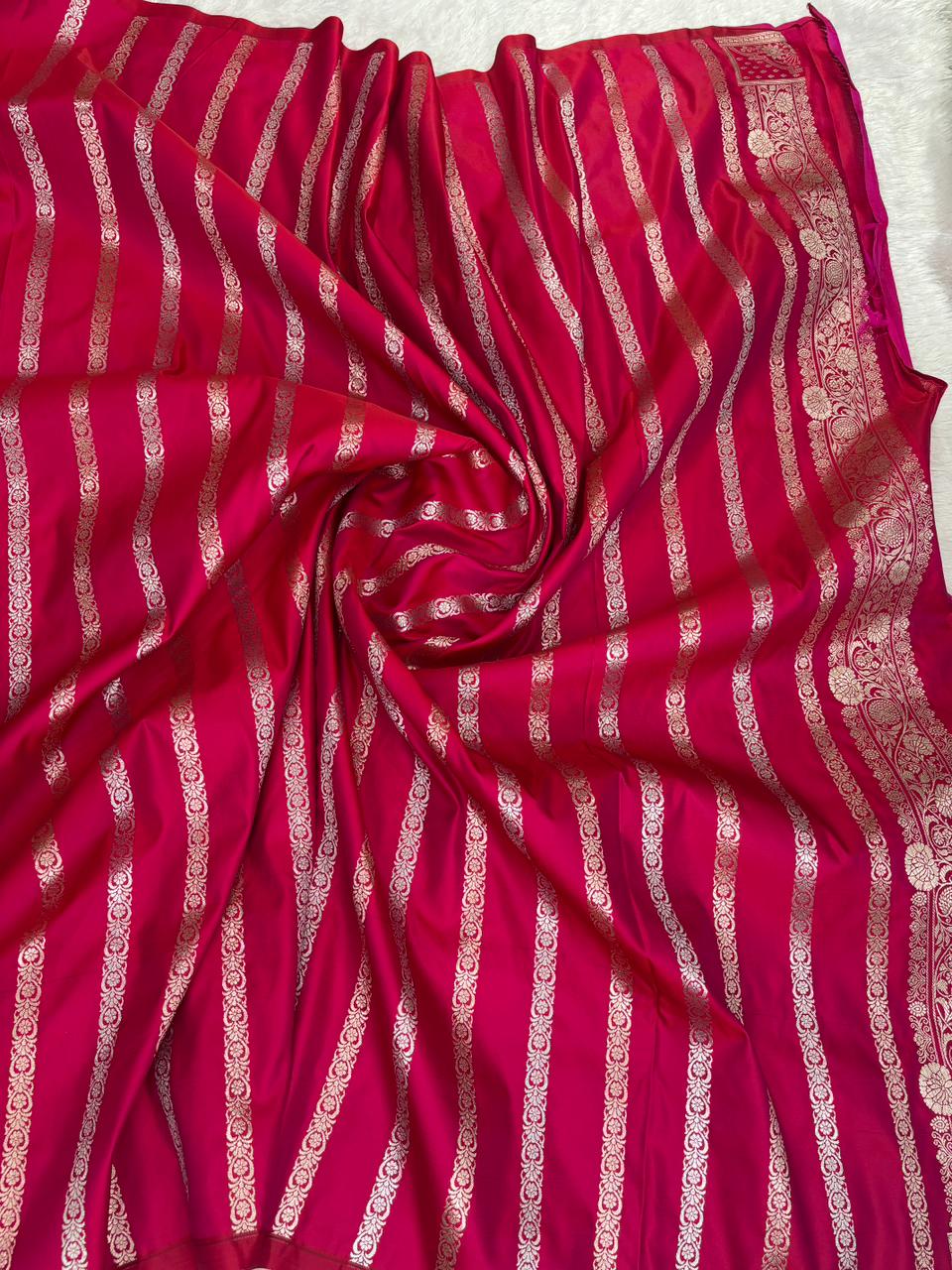 Rani Red Mashru Katan Silk Powerloom Saree with Floral Zari Jaal & Grand Banarasi Pallu