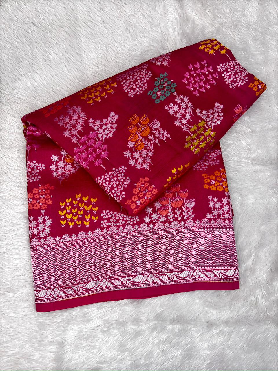 Rani Magenta Tussar Georgette Handloom Saree with Multicolour Floral Buti & Woven Border