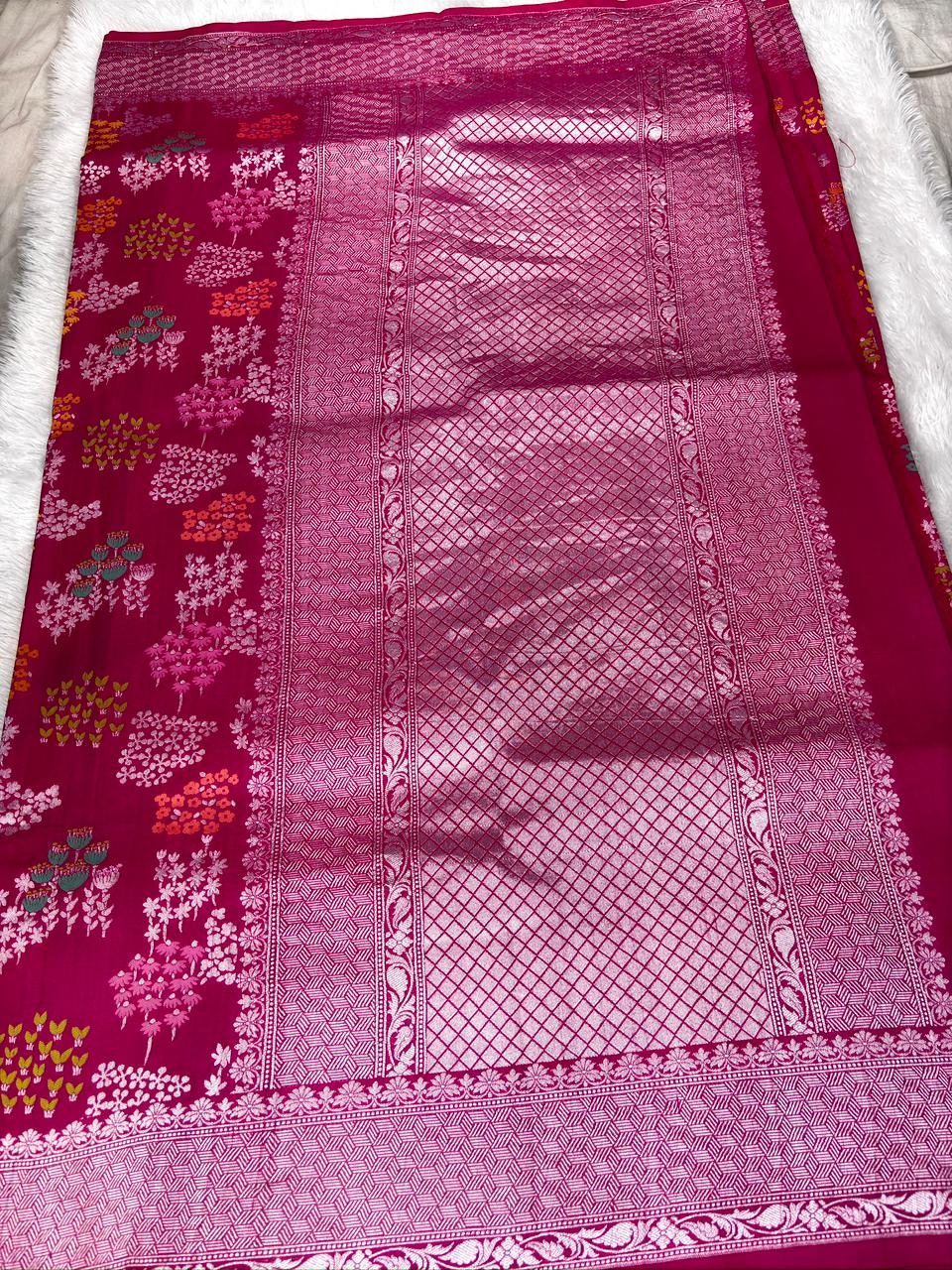 Rani Magenta Tussar Georgette Handloom Saree with Multicolour Floral Buti & Woven Border