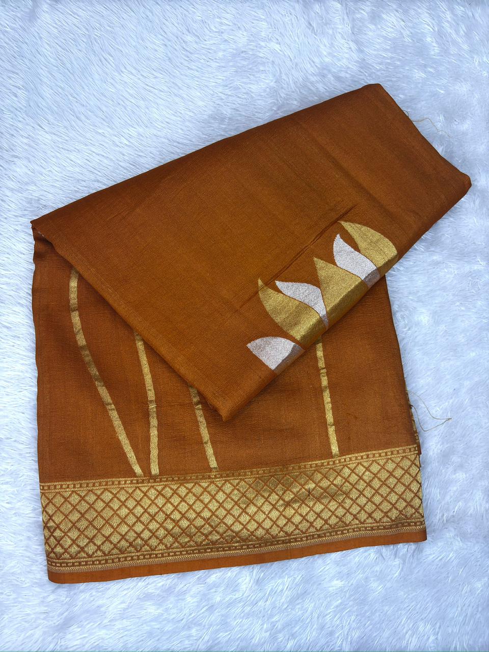 Rust Brown Tussar Georgette Handloom Saree with Lotus Motif & Antique Gold Zari Border