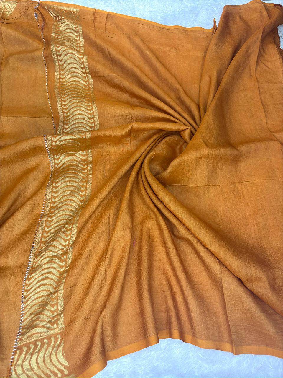 Rust Brown Tussar Georgette Handloom Saree with Lotus Motif & Antique Gold Zari Border