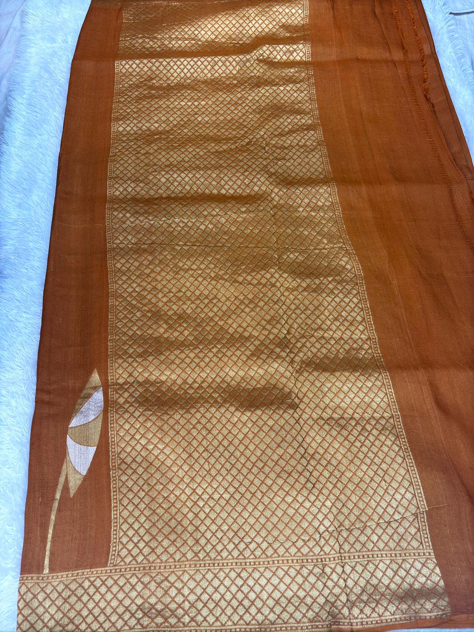 Rust Brown Tussar Georgette Handloom Saree with Lotus Motif & Antique Gold Zari Border