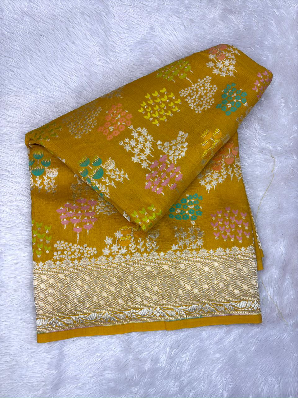 Mustard Yellow Tussar Georgette Handloom Saree with Multicolour Floral Buti & Antique Gold Zari Border