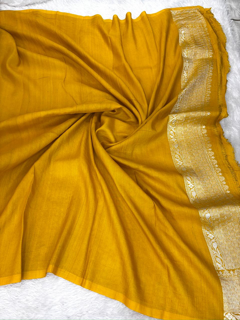 Mustard Yellow Tussar Georgette Handloom Saree with Multicolour Floral Buti & Antique Gold Zari Border
