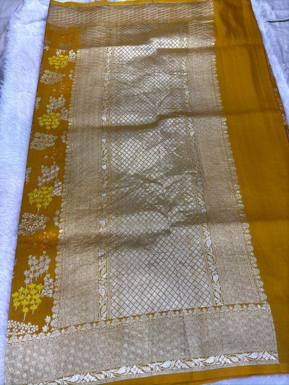 Mustard Yellow Tussar Georgette Handloom Saree with Multicolour Floral Buti & Antique Gold Zari Border
