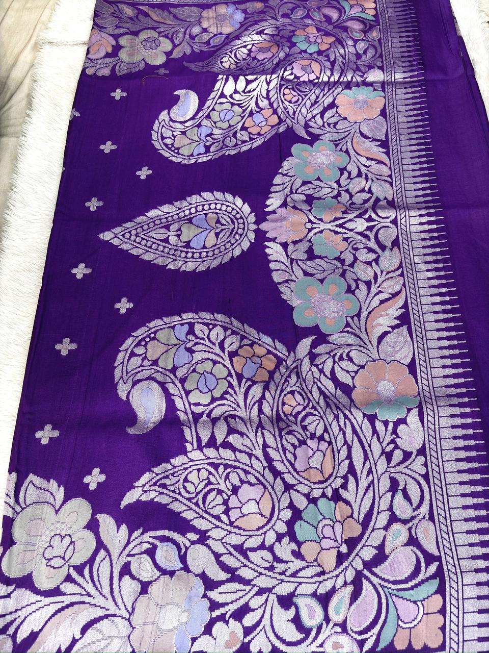 Royal Purple Tussar Georgette Handloom Saree with Silver Zari Booti & Floral Pallu