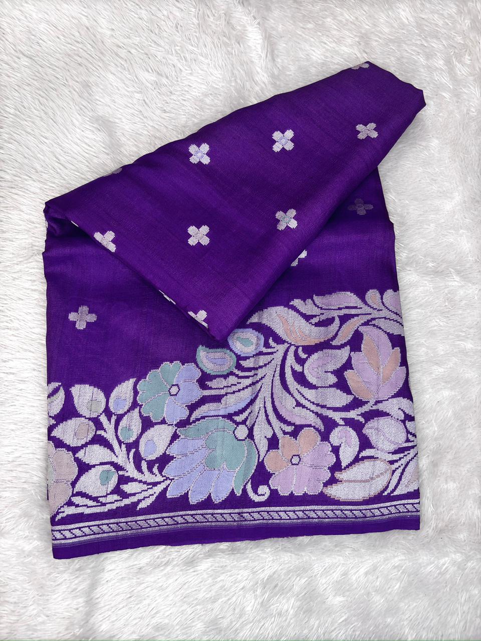 Royal Purple Tussar Georgette Handloom Saree with Silver Zari Booti & Floral Pallu