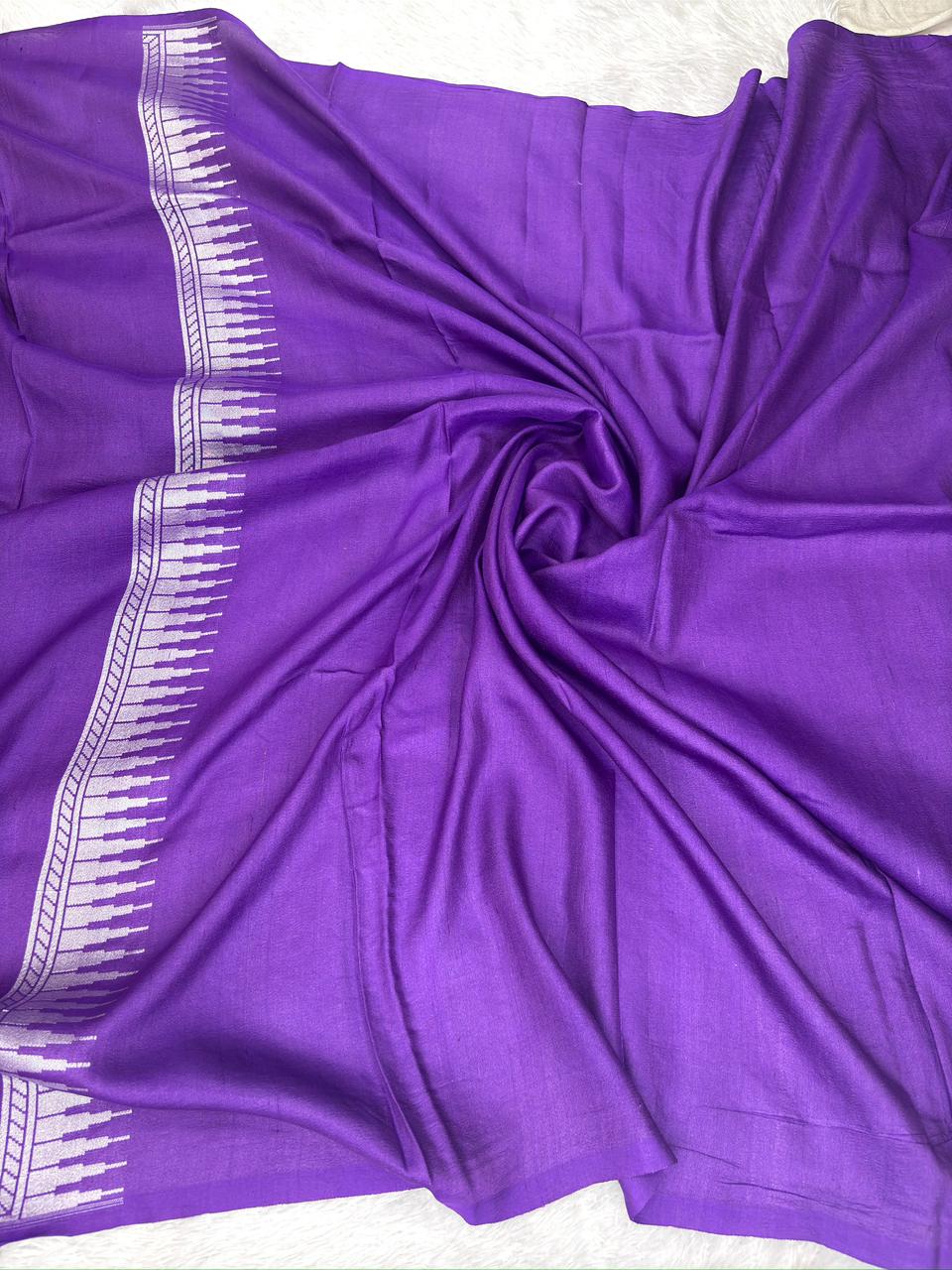 Royal Purple Tussar Georgette Handloom Saree with Silver Zari Booti & Floral Pallu