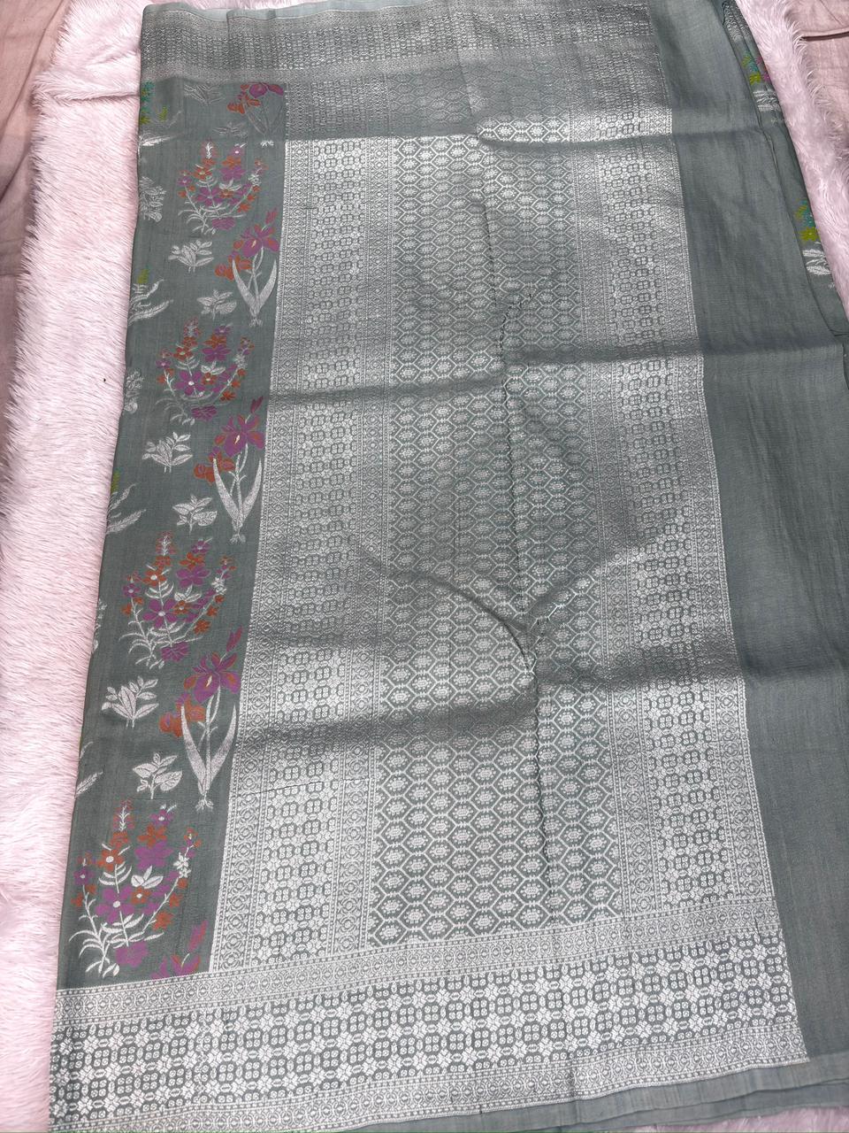 Sage Green Tussar Georgette Handloom Saree with Multicolour Floral Buti & Silver Zari Border