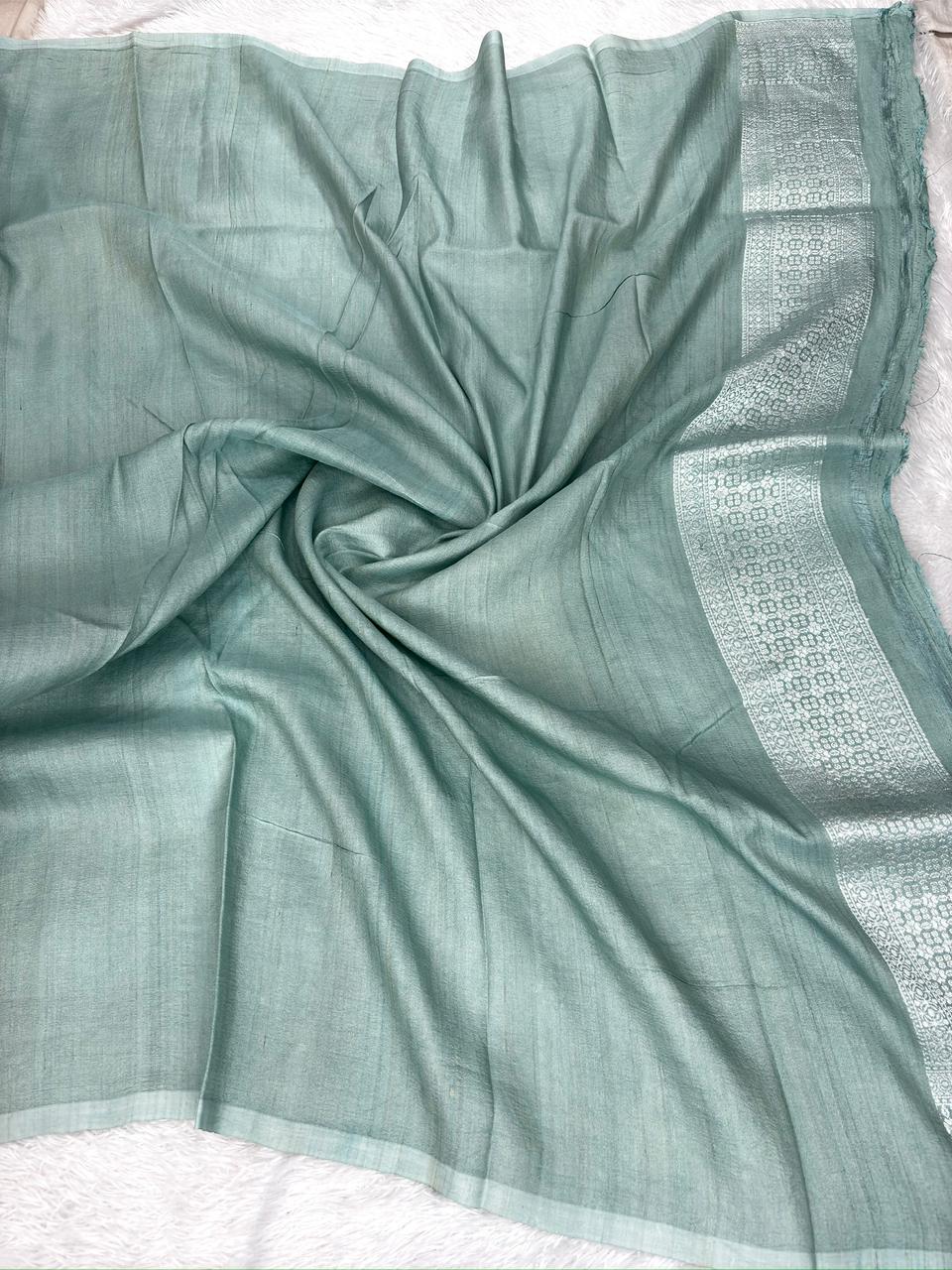 Sage Green Tussar Georgette Handloom Saree with Multicolour Floral Buti & Silver Zari Border
