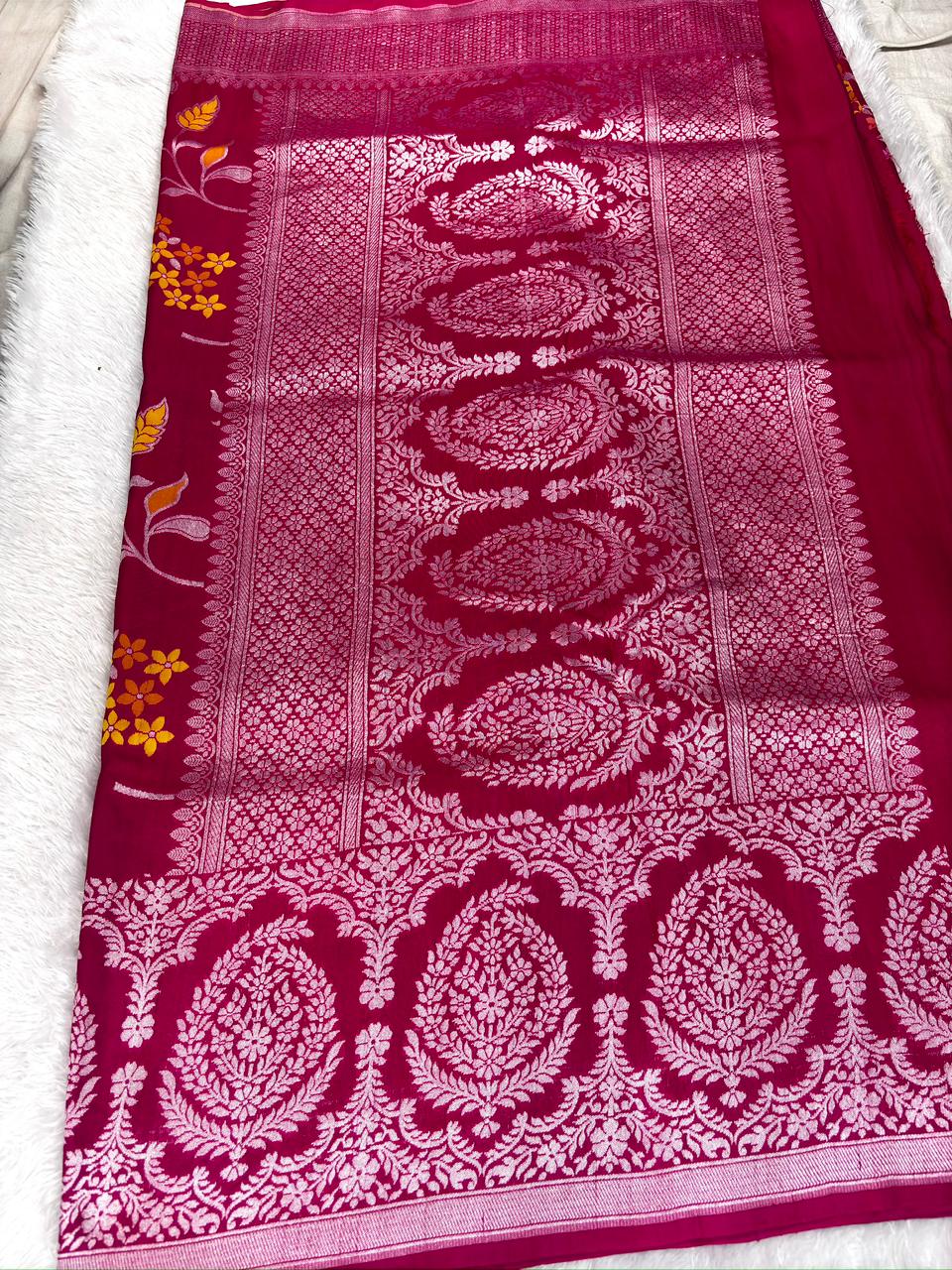 Rani Pink Tussar Georgette Handloom Saree with Multicolour Floral Jaal & Silver Zari Border