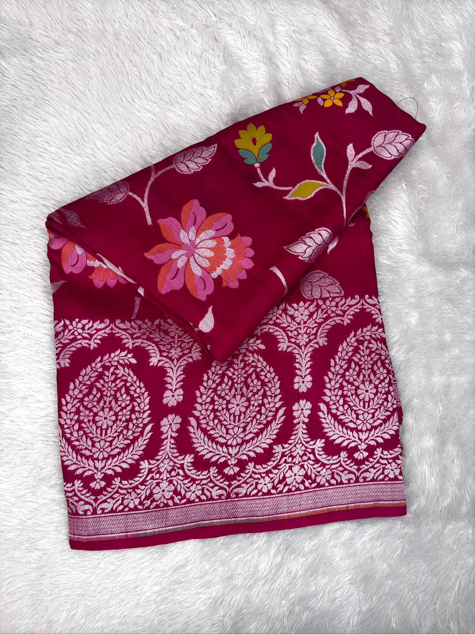 Rani Pink Tussar Georgette Handloom Saree with Multicolour Floral Jaal & Silver Zari Border