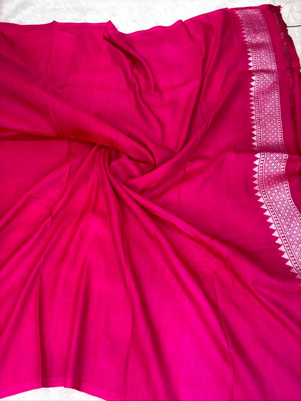 Rani Pink Tussar Georgette Handloom Saree with Multicolour Floral Jaal & Silver Zari Border