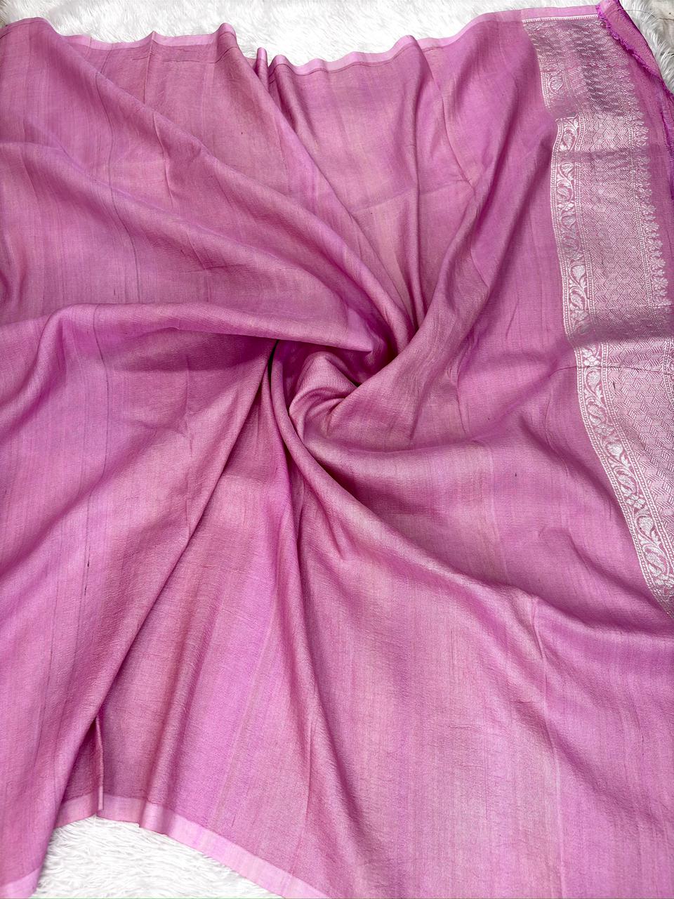 Dusty Mauve Tussar Georgette Handloom Saree with Multicolour Floral Buti & Silver Zari Border