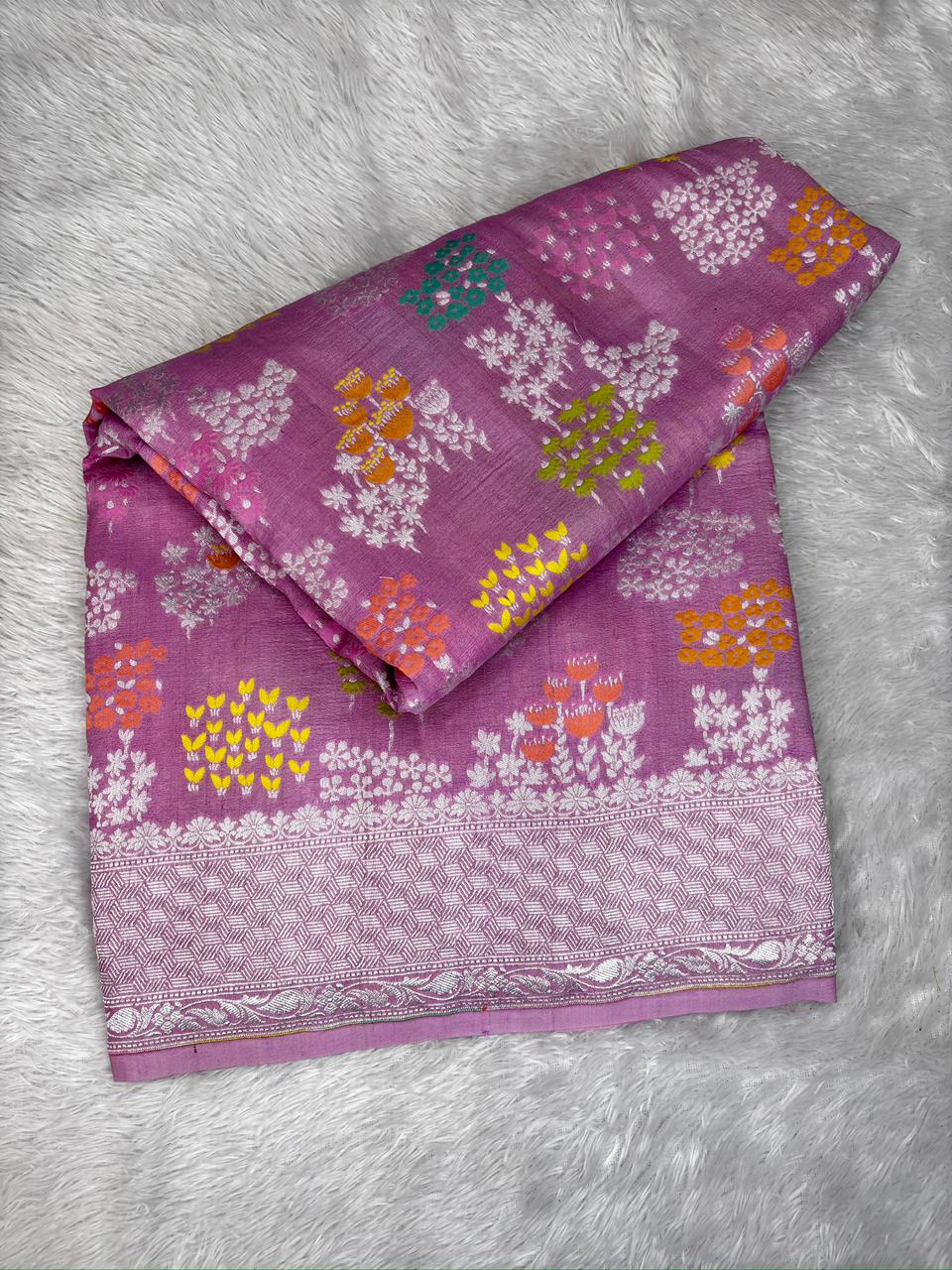 Dusty Mauve Tussar Georgette Handloom Saree with Multicolour Floral Buti & Silver Zari Border