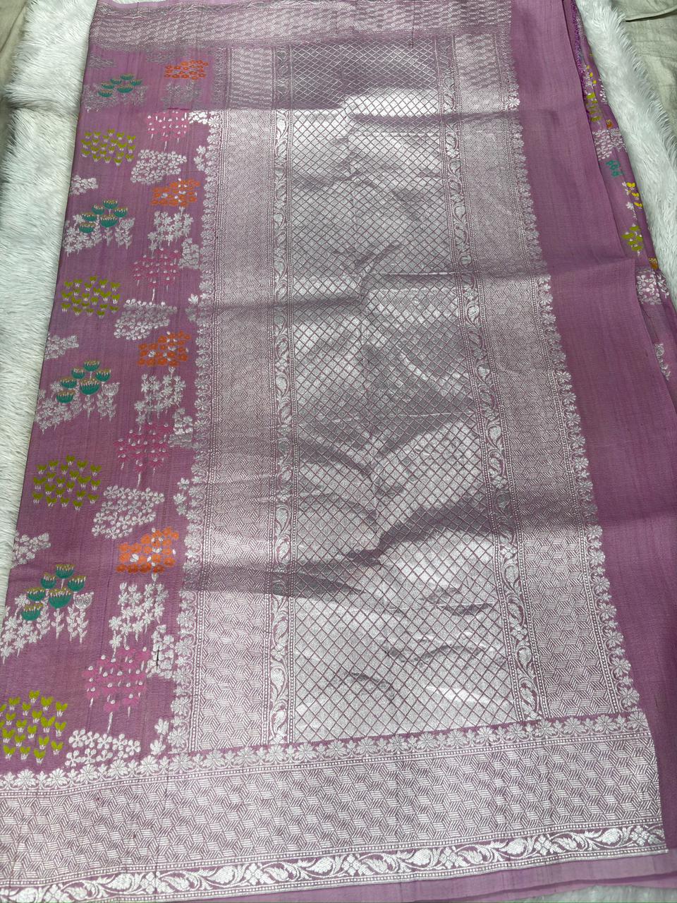 Dusty Mauve Tussar Georgette Handloom Saree with Multicolour Floral Buti & Silver Zari Border