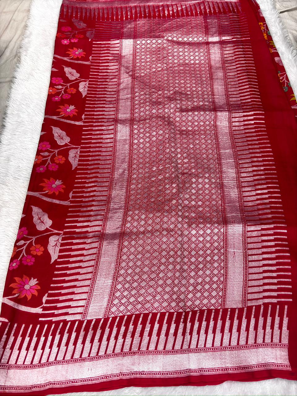 Crimson Red Tussar Georgette Handloom Saree with Multicolour Floral Jaal & Silver Zari Border