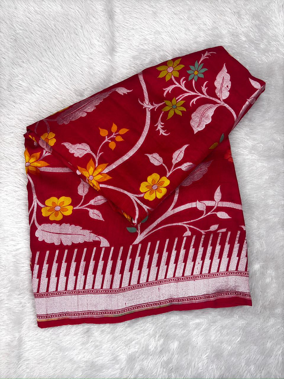 Crimson Red Tussar Georgette Handloom Saree with Multicolour Floral Jaal & Silver Zari Border