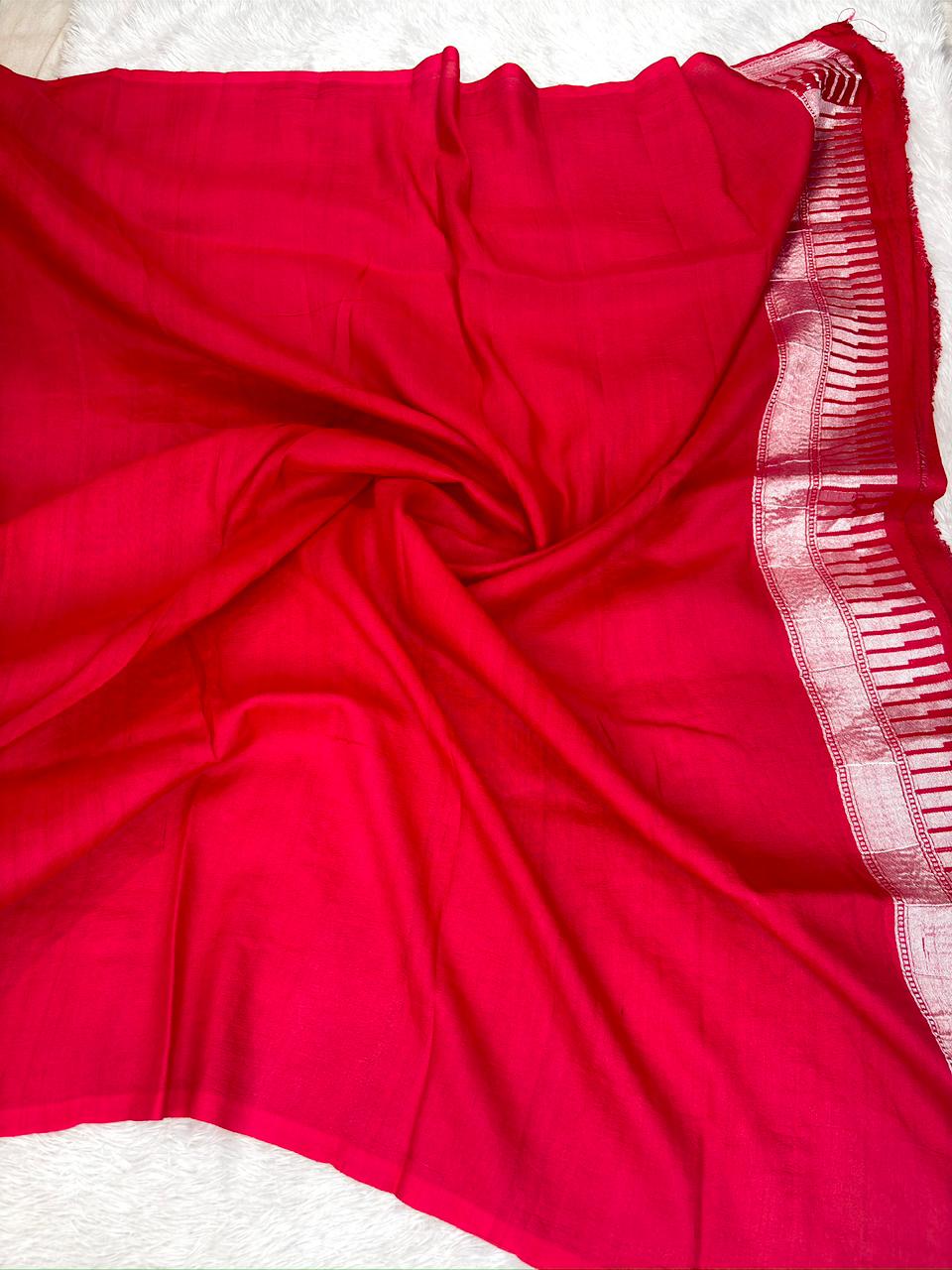 Crimson Red Tussar Georgette Handloom Saree with Multicolour Floral Jaal & Silver Zari Border
