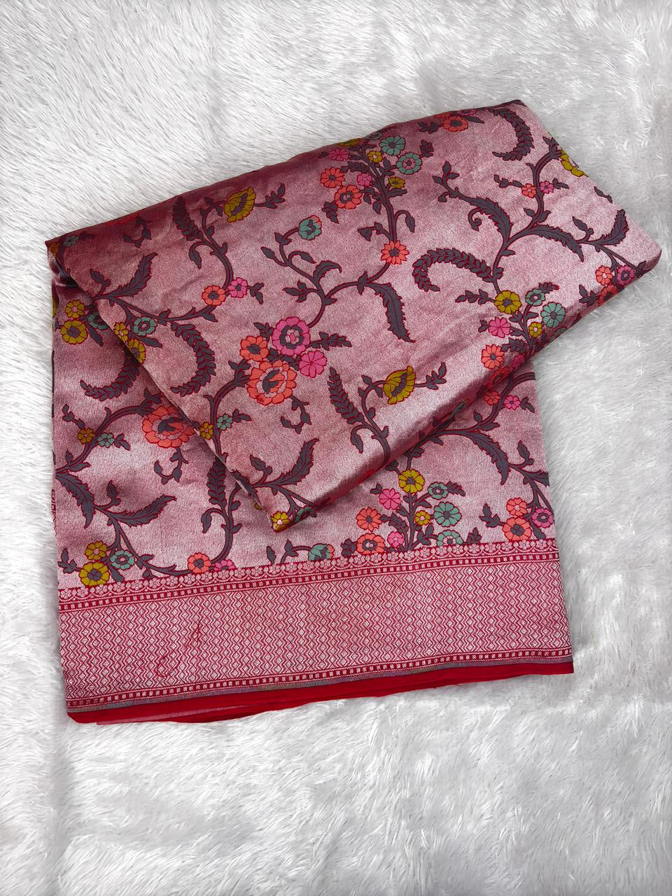 Rosewood Pink Tussar Georgette Handloom Saree with Multicolour Floral Vine & Rich Zari Pallu