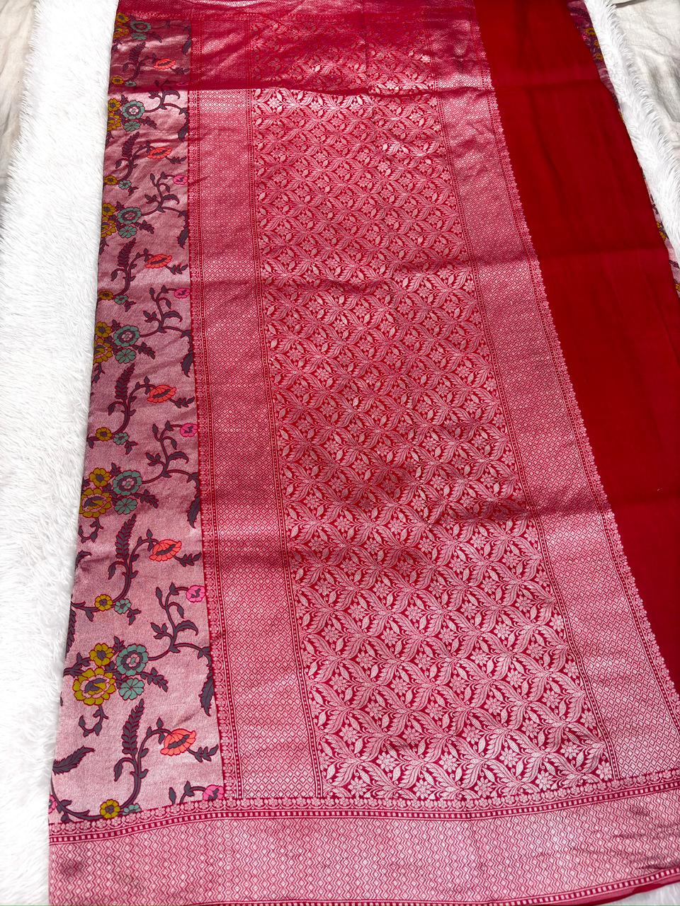Rosewood Pink Tussar Georgette Handloom Saree with Multicolour Floral Vine & Rich Zari Pallu