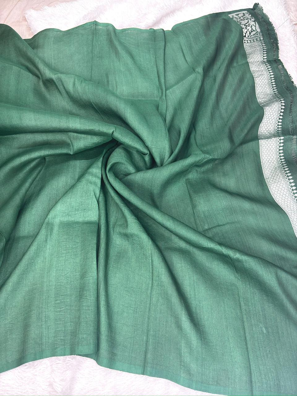 Forest Green Tussar Georgette Handloom Saree with Silver Zari Paisley & Floral Border