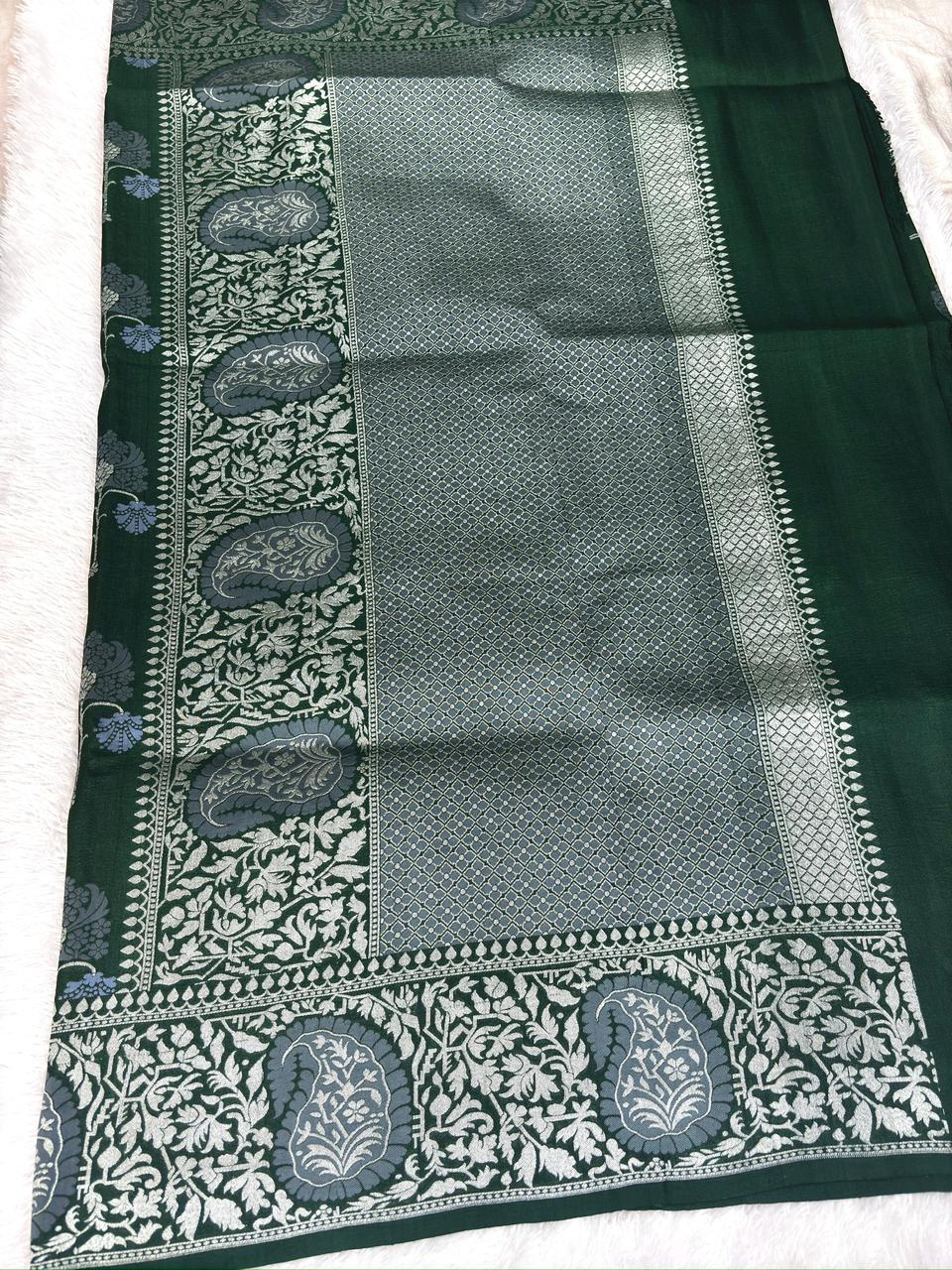 Forest Green Tussar Georgette Handloom Saree with Silver Zari Paisley & Floral Border