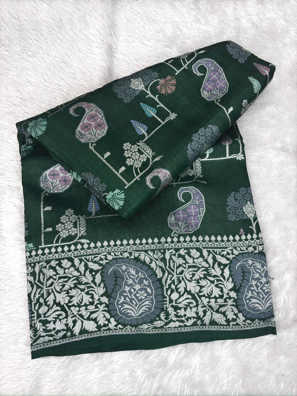 Forest Green Tussar Georgette Handloom Saree with Silver Zari Paisley & Floral Border