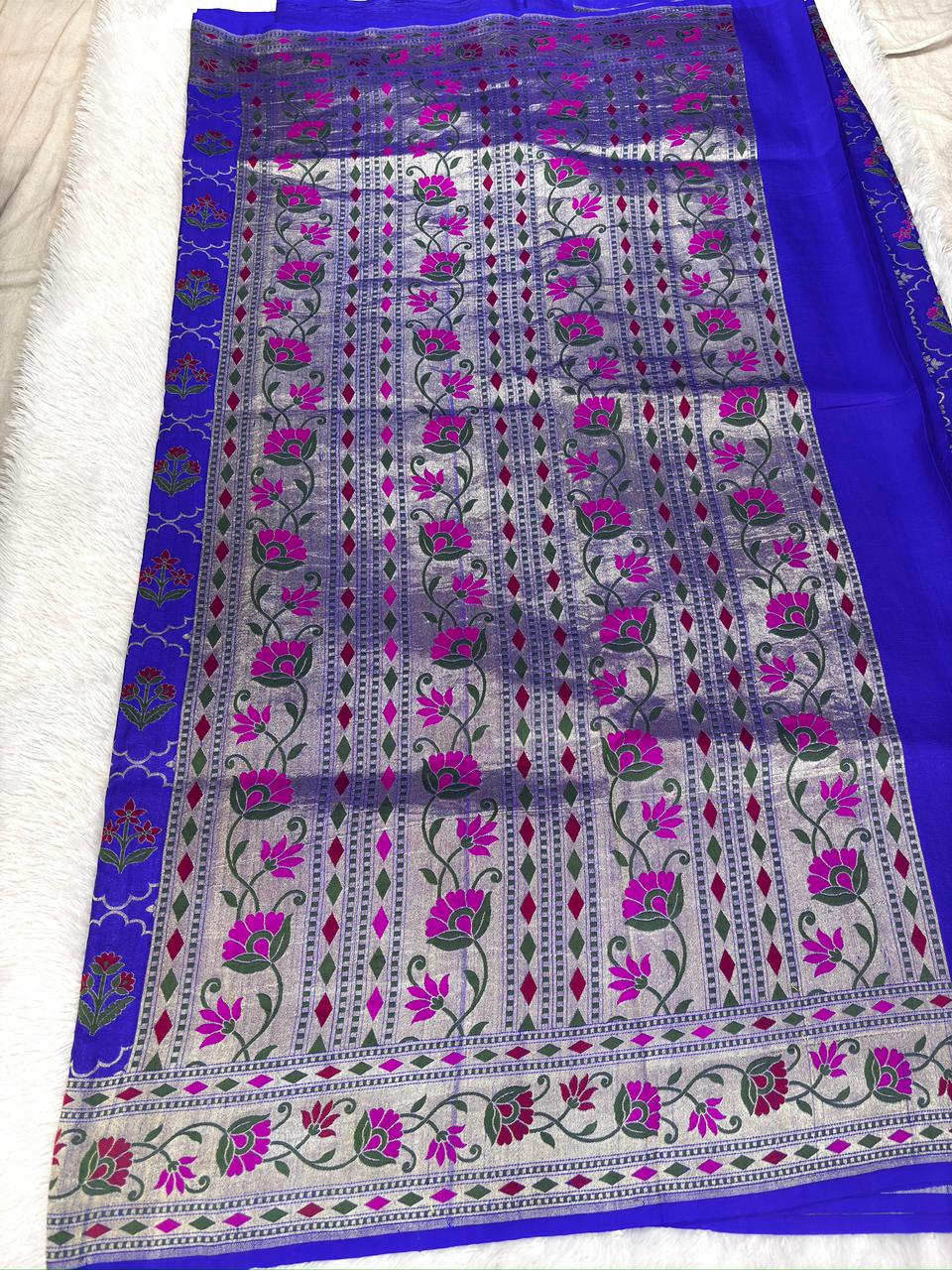 Royal Blue Tussar Georgette Handloom Saree with Floral Buti & Silver Zari Lotus Pallu