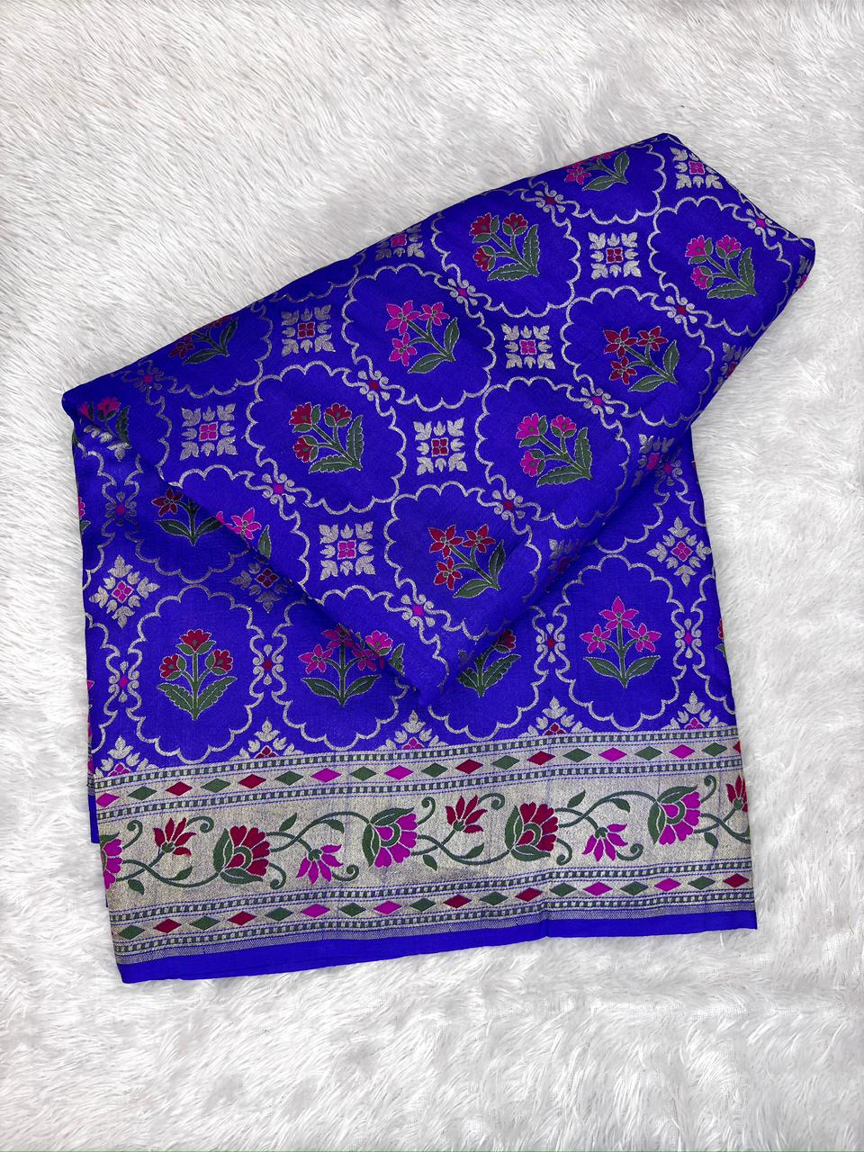 Royal Blue Tussar Georgette Handloom Saree with Floral Buti & Silver Zari Lotus Pallu