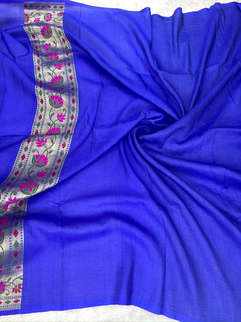 Royal Blue Tussar Georgette Handloom Saree with Floral Buti & Silver Zari Lotus Pallu